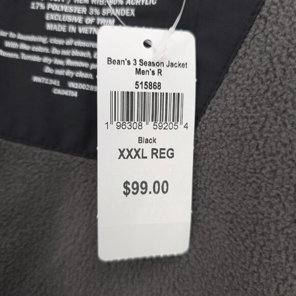 NWT LL BEAN Black 3 Season Bomber Jacket Fleece Lining Size 3XL - Picture 6 of 7